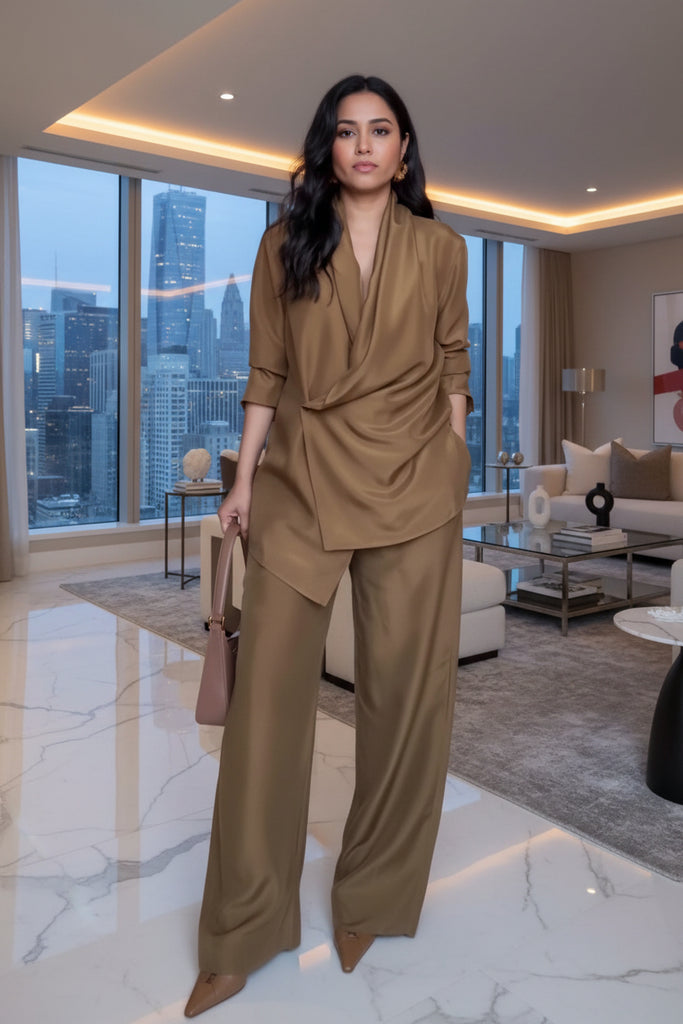 Wrap-style Satin Blouse And Wide-leg Pants Set