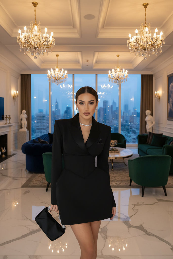 Black Long Sleeve Belted Mini Blazer Dress