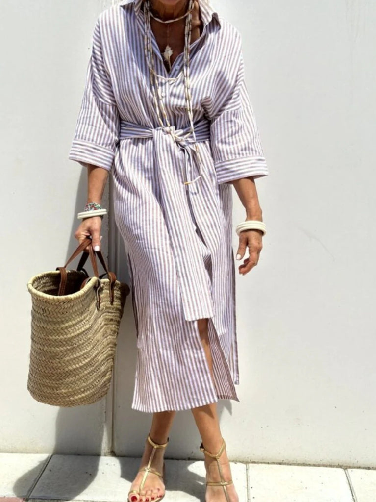 Striped Shirt Dress With Belt Fashion Half-sleeved Lapel Button Cardigan Dresses Women's Clothing